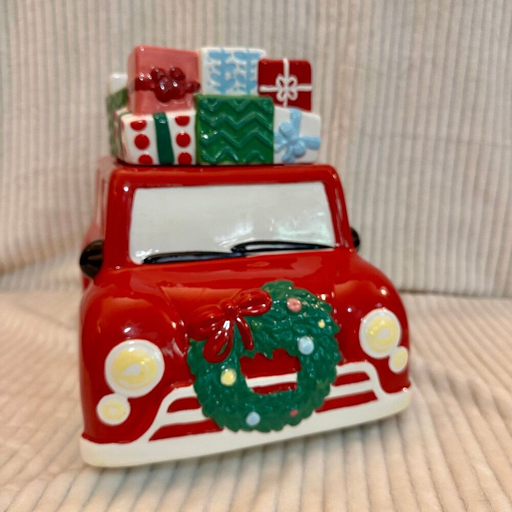 Vintage Tag “whimsy Car cookie jar” Loaded Car Christmas Themed Ceramic